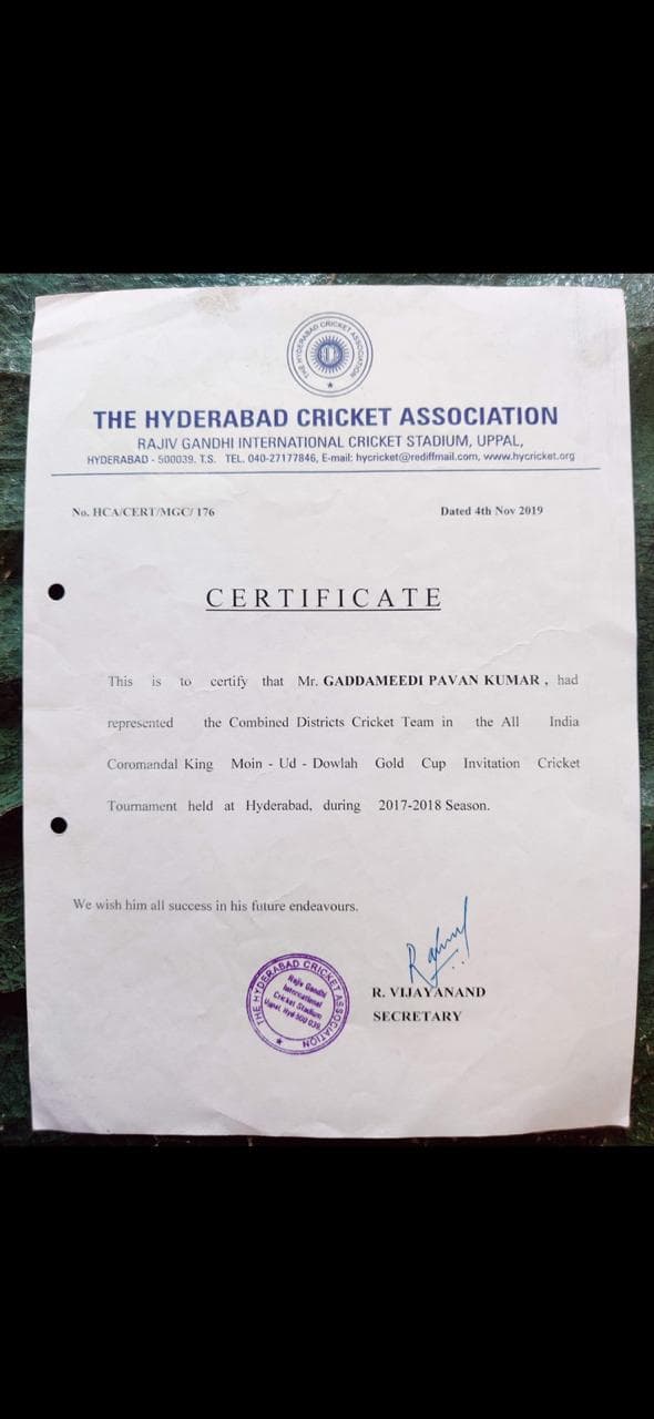 Hyderabad Cricket Association Certificate